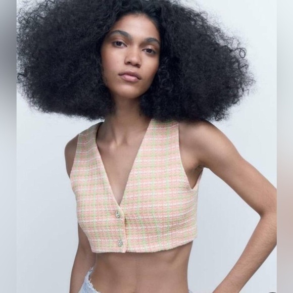 NEW | ZARA Cropped Tweed Waistcoat Blouse w/ Rhinestone Buttons | Women’s Size L - Picture 9 of 10